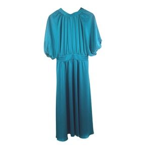 Flying Tomato Teal Satin Maxi Dress L Puff Sleeve Tie Back Zip Flowy Christmas
